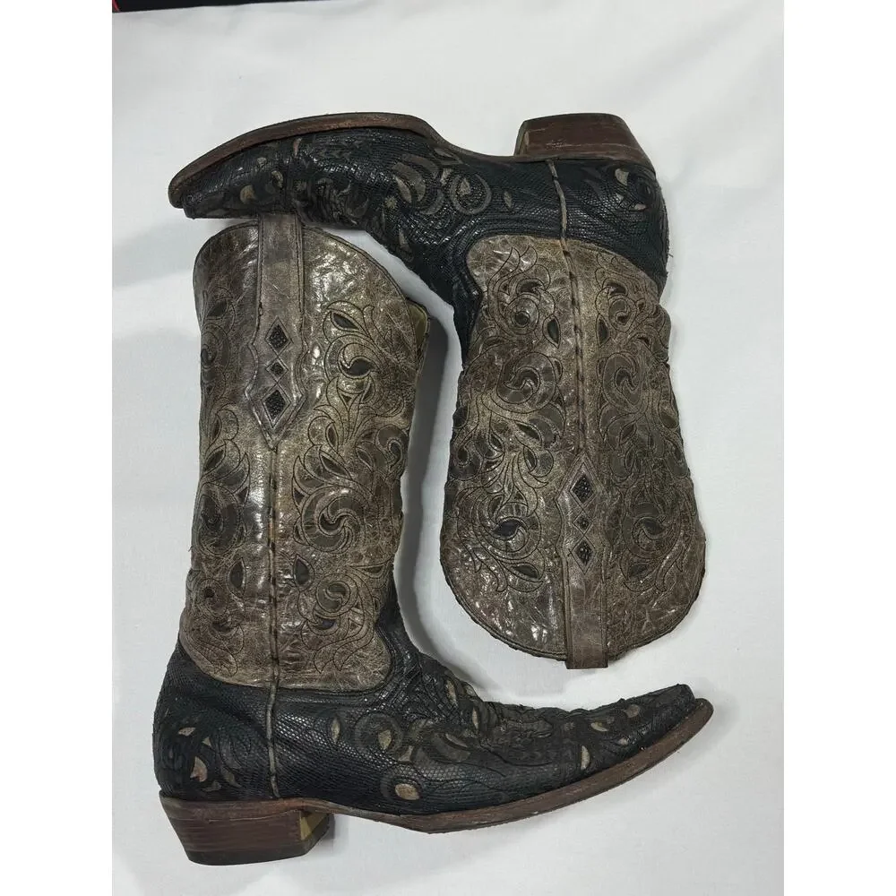 Vintage CORRAL Mens 10.5 Black Brown Leather Cowboy Boots Classic Western